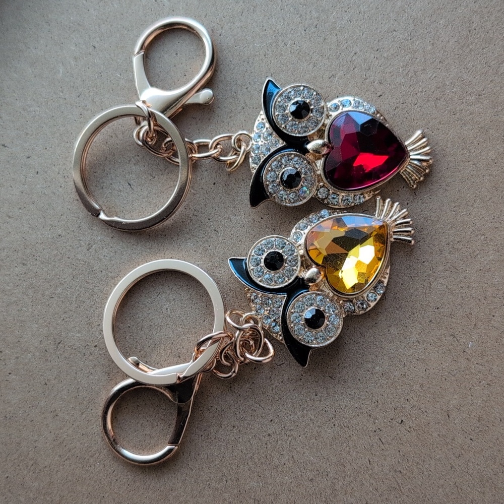 Sparkling Owl Keychains with Heart Gems